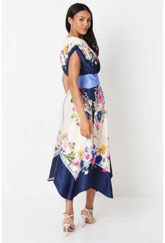 Placement Print Drape Neck Handkerchief Hem Midi Dress