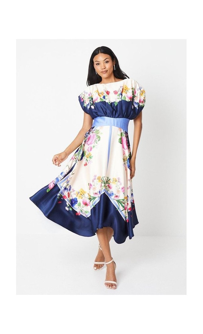 Placement Print Drape Neck Handkerchief Hem Midi Dress