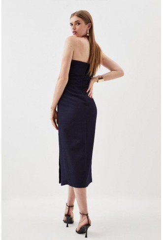 Textured Crepe Tailored Bandeau Split Detail Midi Dress