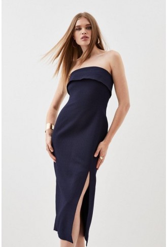 Textured Crepe Tailored Bandeau Split Detail Midi Dress