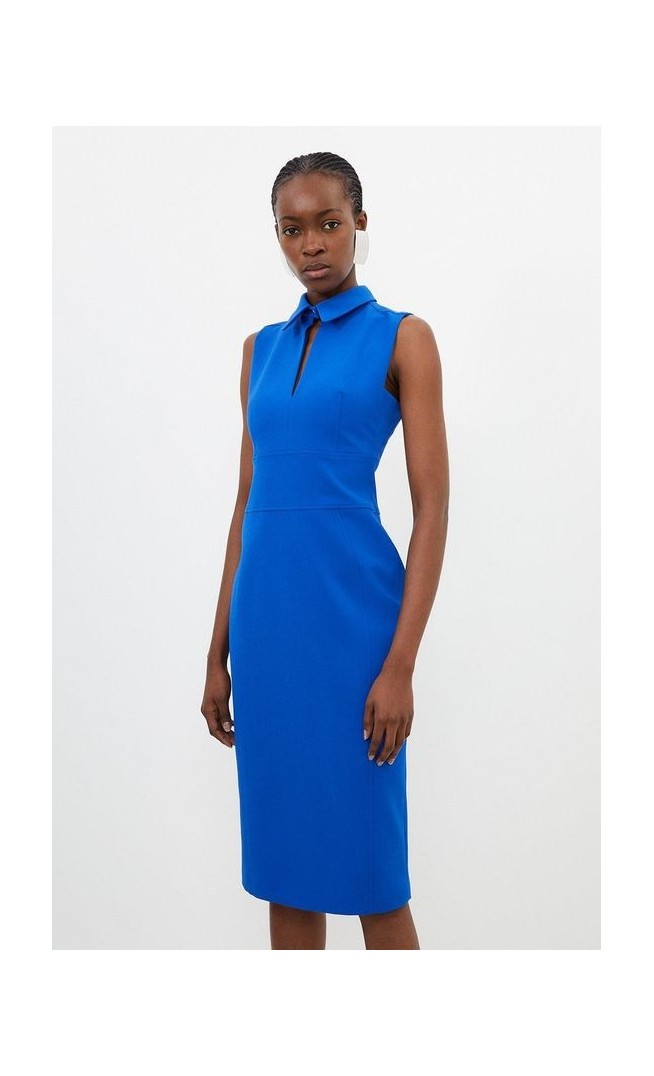 Stretch Crepe Cut Out Detail Collared Tailored Midi Dress