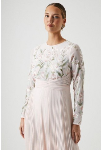 Floral Embroidered Wrap Waist Pleated Bridesmaids Dress