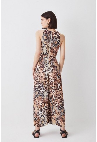 Animal Print Premium Linen Viscose Halter Woven Jumpsuit