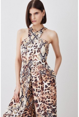 Animal Print Premium Linen Viscose Halter Woven Jumpsuit