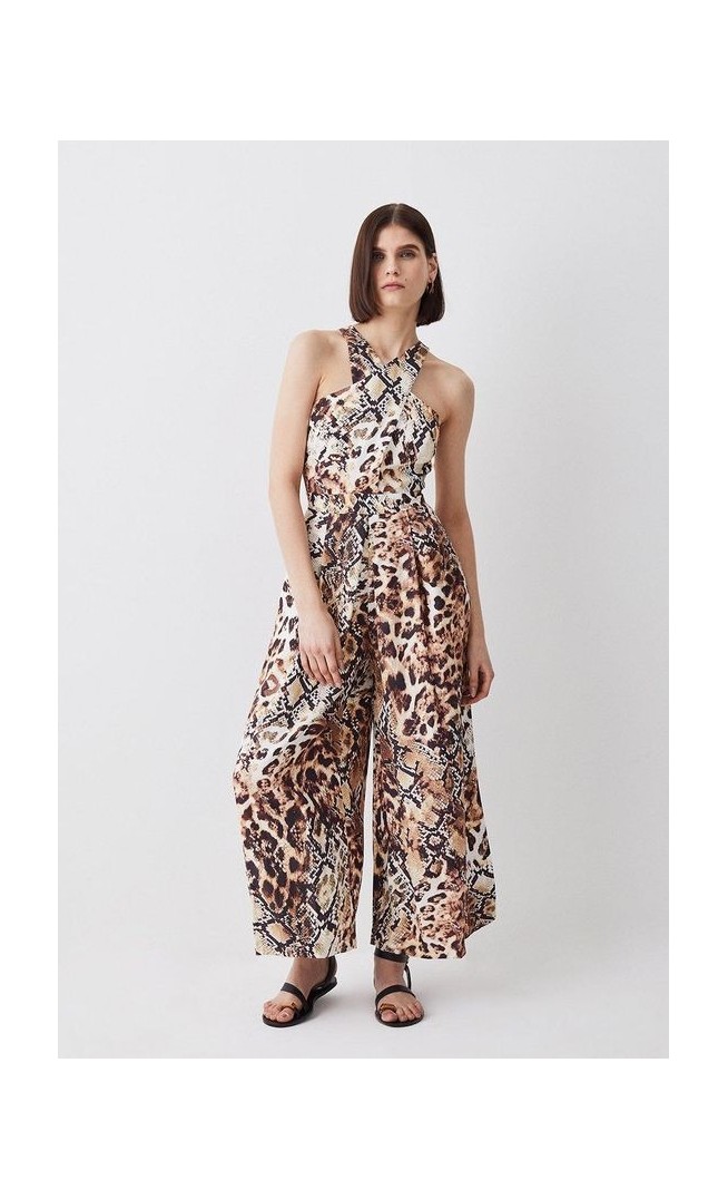 Animal Print Premium Linen Viscose Halter Woven Jumpsuit