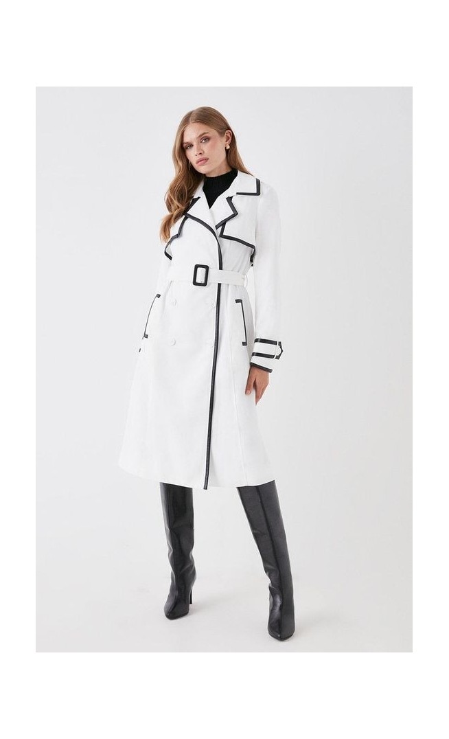 Pu Trimmed Belted Trench Coat