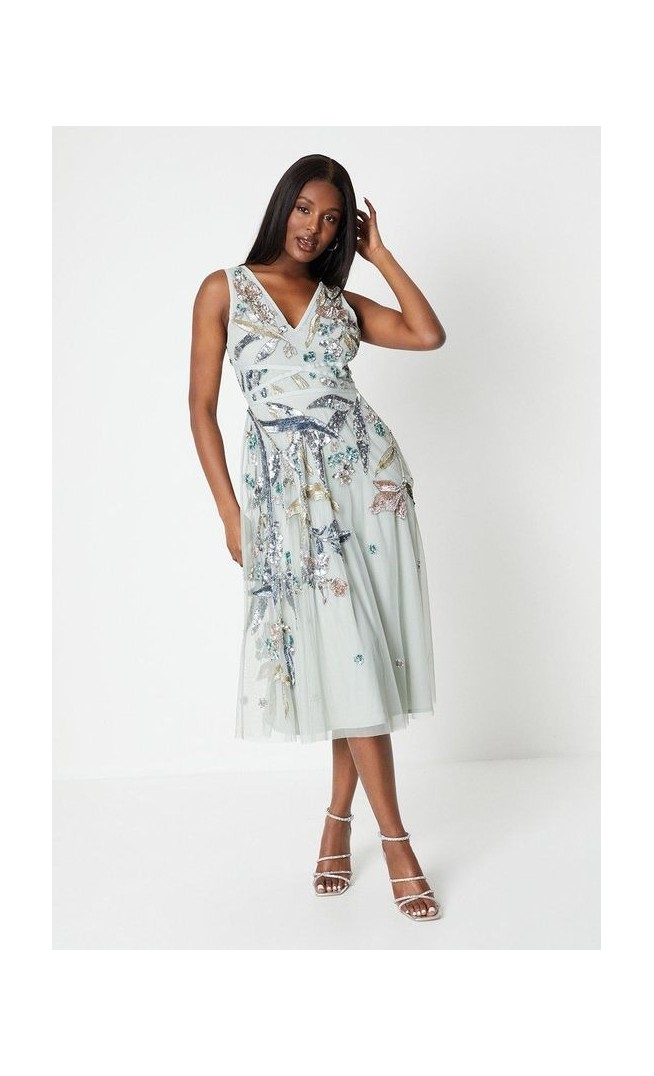 Premium Hand Embellished Floral Midi Dress