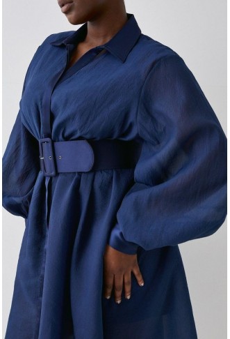 Plus Size Premium Belted Organza Midi Shirt Dress