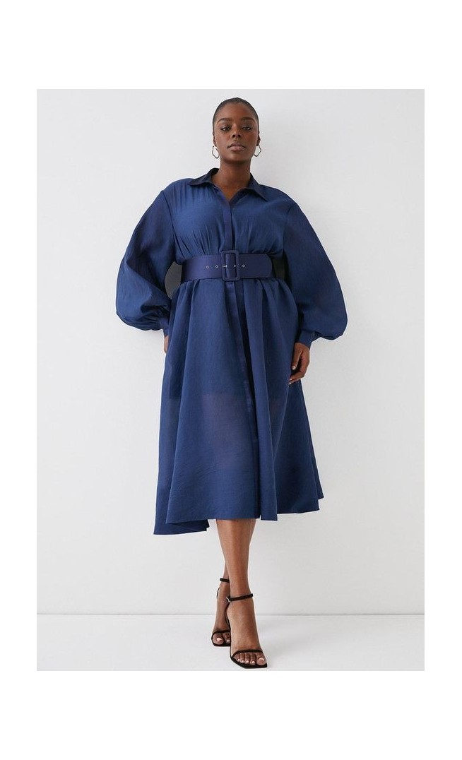 Plus Size Premium Belted Organza Midi Shirt Dress