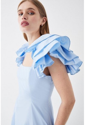 Frill Sleeve Ruffle Skirt Cotton Midi Dress