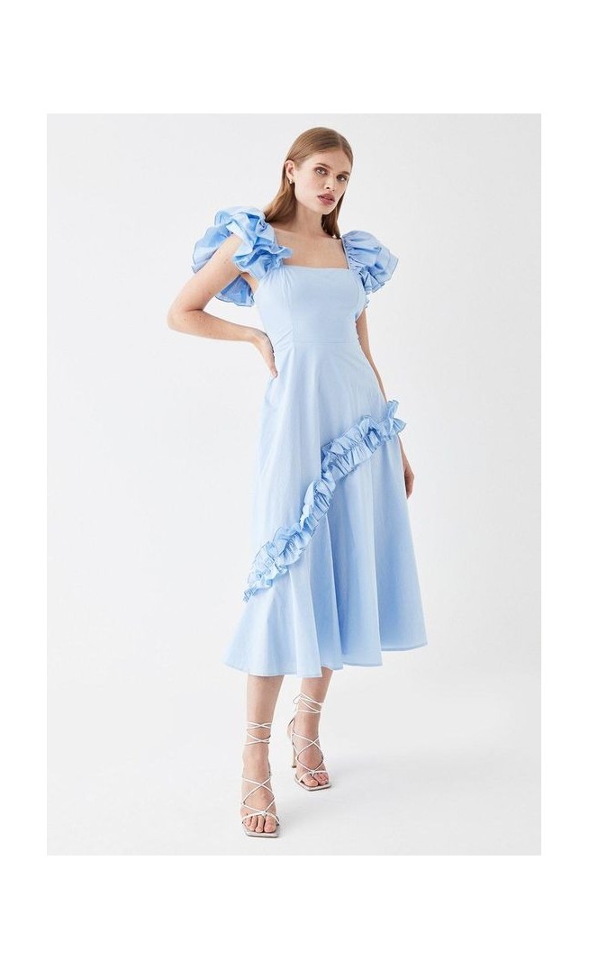 Frill Sleeve Ruffle Skirt Cotton Midi Dress