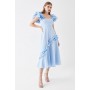 Frill Sleeve Ruffle Skirt Cotton Midi Dress