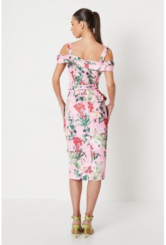 Floral Satin Ruched Pencil Dress