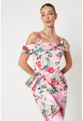 Floral Satin Ruched Pencil Dress