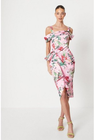 Floral Satin Ruched Pencil...