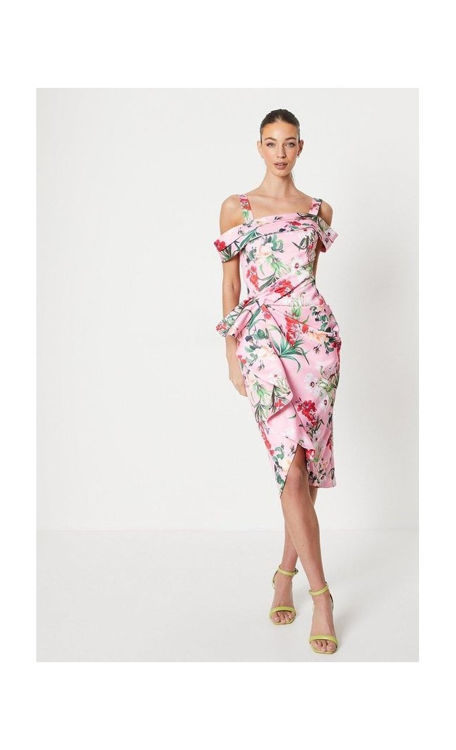 Floral Satin Ruched Pencil Dress