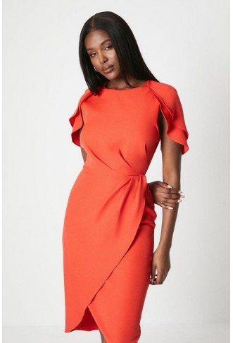 Ruffle Cape Sleeve Wrap Skirt Midi Dress