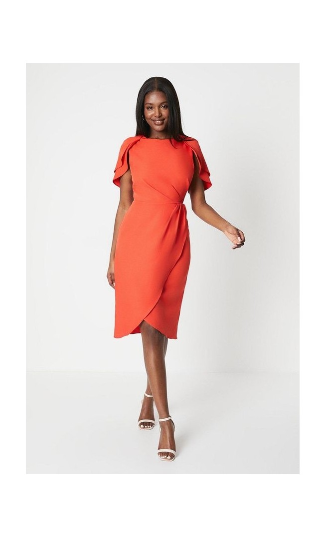 Ruffle Cape Sleeve Wrap Skirt Midi Dress