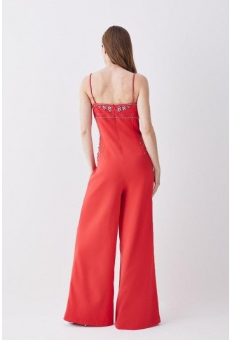 Embellished Lace Mix Strappy Woven Jumpsuit