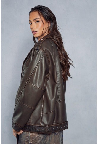 Distressed Leather Look Midi Biker Jacket