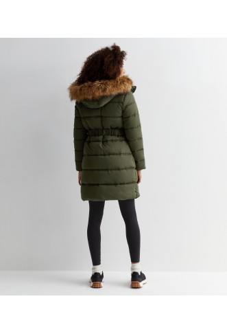 Khaki Faux Fur Hood Belted Puffer Coat