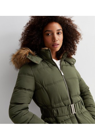 Khaki Faux Fur Hood Belted Puffer Coat