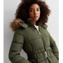 Khaki Faux Fur Hood Belted Puffer Coat