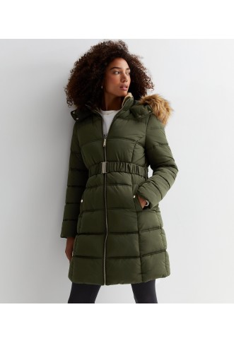 Khaki Faux Fur Hood Belted...