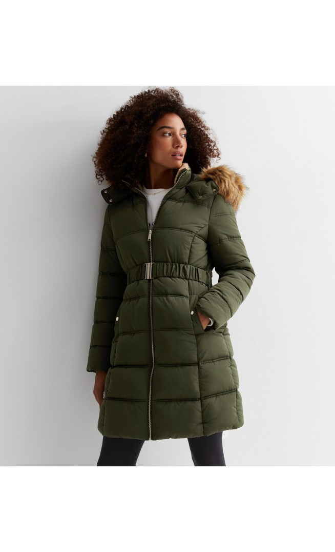 Khaki Faux Fur Hood Belted Puffer Coat