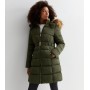 Khaki Faux Fur Hood Belted Puffer Coat